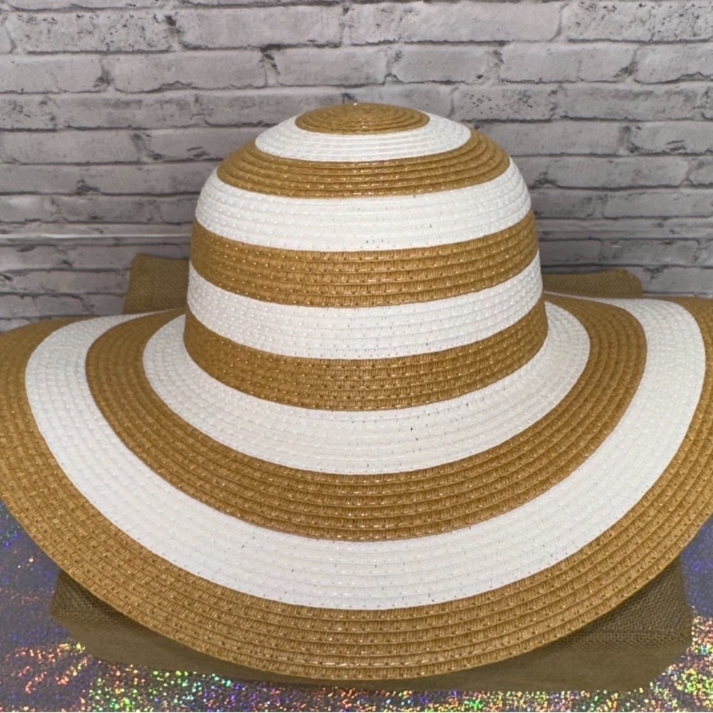 Time and Tru Striped Women's Sun Hat One Size Tan White Beach Floppy Hat NEW - Picture 4 of 11